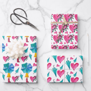 Umbrella Girl Watercolor Herz-Blume Muster Geschenkpapier Set