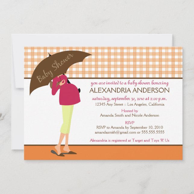 Umbrella Mommy Gingham Baby Shower Invite (orange) Einladung (Vorderseite)
