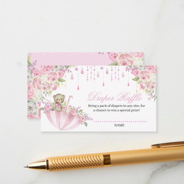 Umbrella Sprinkle Baby Teddy Bear Diaper Raffle En Begleitkarte (Vorderseite/Rückseite Beispiel)