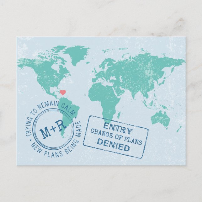 Umbuchung Termin Hochzeit in Urlaubsort Reise Ankündigungspostkarte (Vorderseite)