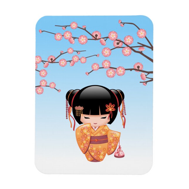 Ume Kokeshi Doll - Japanisch Geisha Girl Blue Magnet (Vertikal)