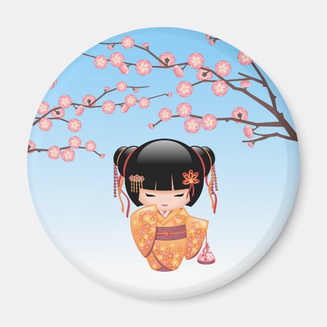 Ume Kokeshi Doll - Japanisch Geisha Girl Blue Magnet (Vorne)