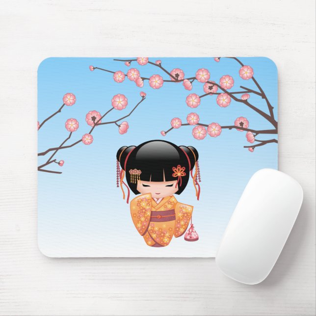 Ume Kokeshi Doll - Japanisch Geisha Girl Blue Mousepad (Mit Mouse)