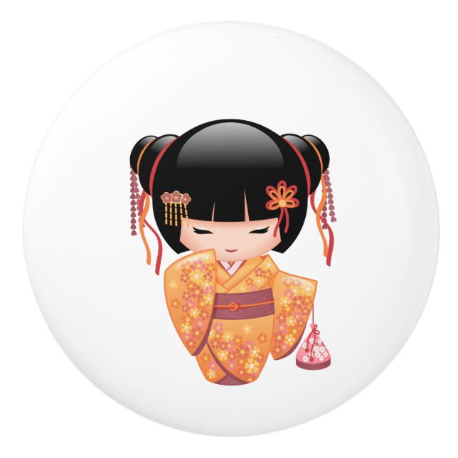 Ume Kokeshi Doll - Japanisch Peach Geisha Girl Keramikknauf (Vorderseite)