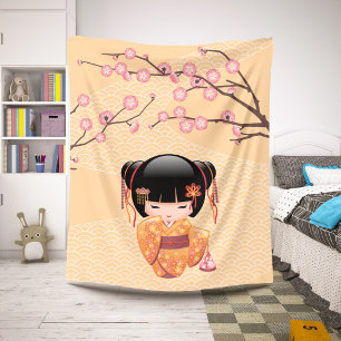Ume Kokeshi Puppe - Japanisches Mädchen in Pfirsic Sherpadecke