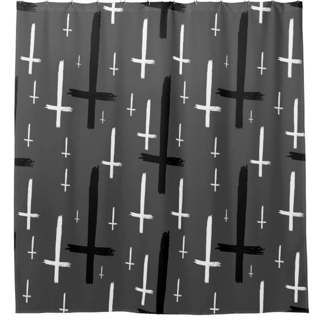 umgedrehtes graues Kreuz auf der Unterseite schwar Duschvorhang (Vorderseite)