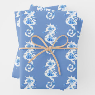 Umhüllungsblätter aus blauem und weißem Seepferd Geschenkpapier Set