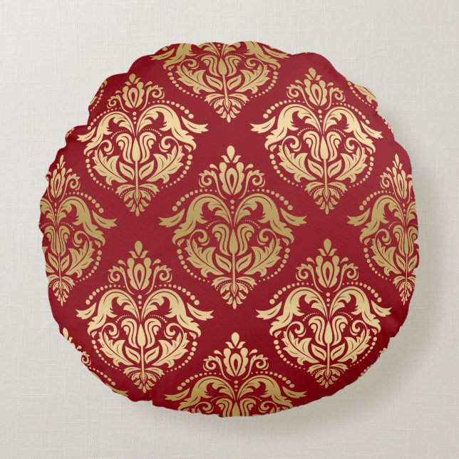 Umkehrbare Burgundy- und Gold-Vintage Blütendampfe Rundes Kissen (Vorderseite)