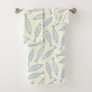 Umriss-Doodle Blau Sardinen Fisch Muster Badhandtuch Set