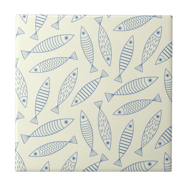 Umriss-Doodle Blau Sardinen Fisch Muster  Fliese (Vorderseite)