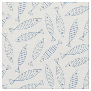 Umriss-Doodle Blau Sardinen Fisch Muster Stoff