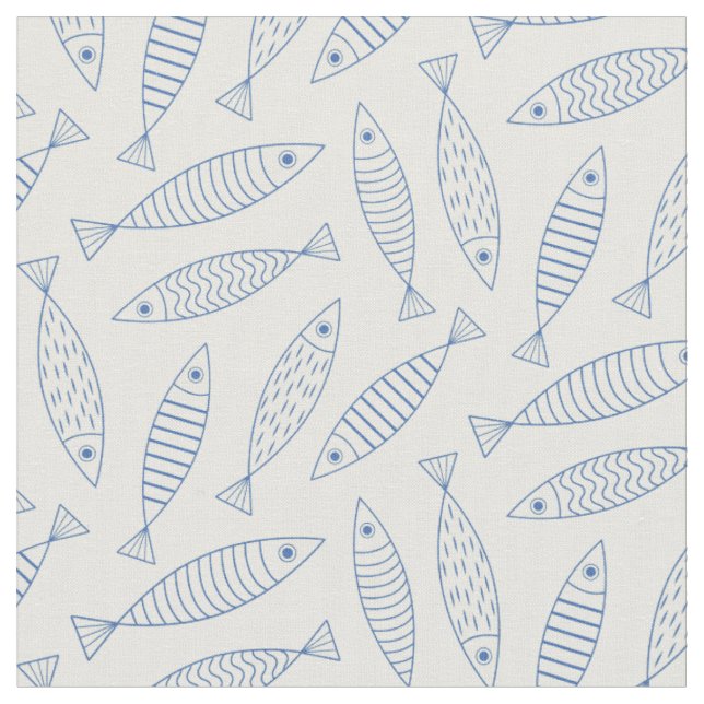 Umriss-Doodle Blau Sardinen Fisch Muster  Stoff (Nahaufnahme)