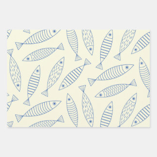 Umriss Doodle Blaue Sardinen Fisch Muster Geschenkpapier Set