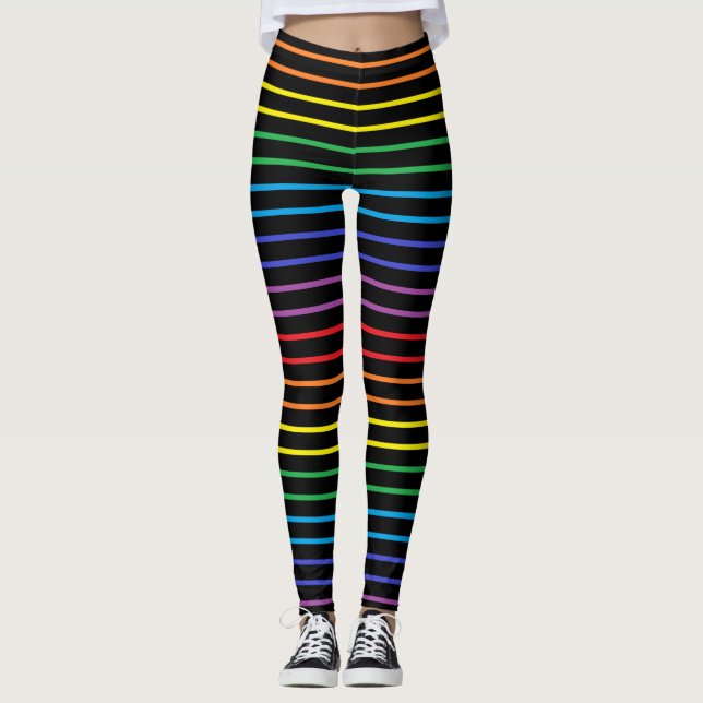 Umrissener Regenbogen Stripes Schwarzes Leggings (Vorderseite)