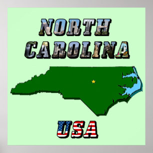 Umrisskarte von North Carolina, Foto & US-Flaggent Poster
