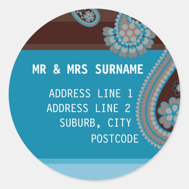 UMSCHLAG AUFKLEBER: Paisley - Choc & aquamarin Runder Aufkleber (Vorderseite)
