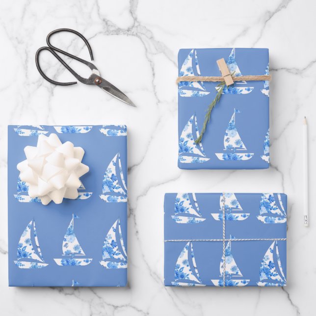 Umschlagblätter für blaue und weiße Segelboote Geschenkpapier Set (Vorderseite)