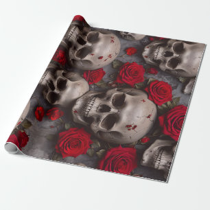 Umschlagpapier für Schädel und Rote Rosen Geschenkpapier
