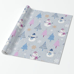 Umschlagpapier "Rosa Bäume und Blaue Schneemänner" Geschenkpapier