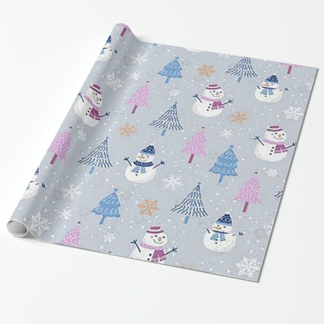 Umschlagpapier "Rosa Bäume und Blaue Schneemänner" Geschenkpapier (Ungerollt)