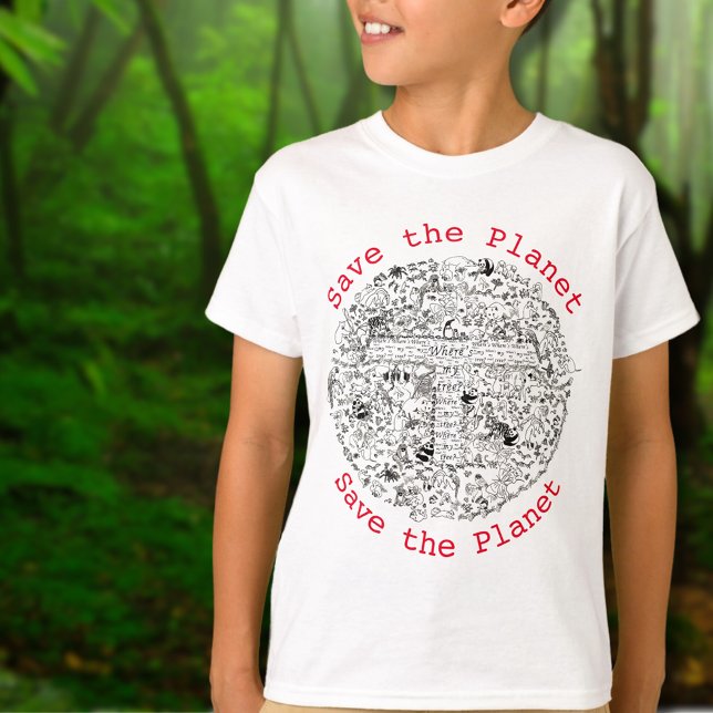 Umweltaktivitätslogan Rette Planet Erde T-Shirt (Save the planet slogan endangered animals and trees earth illustration tshirt)