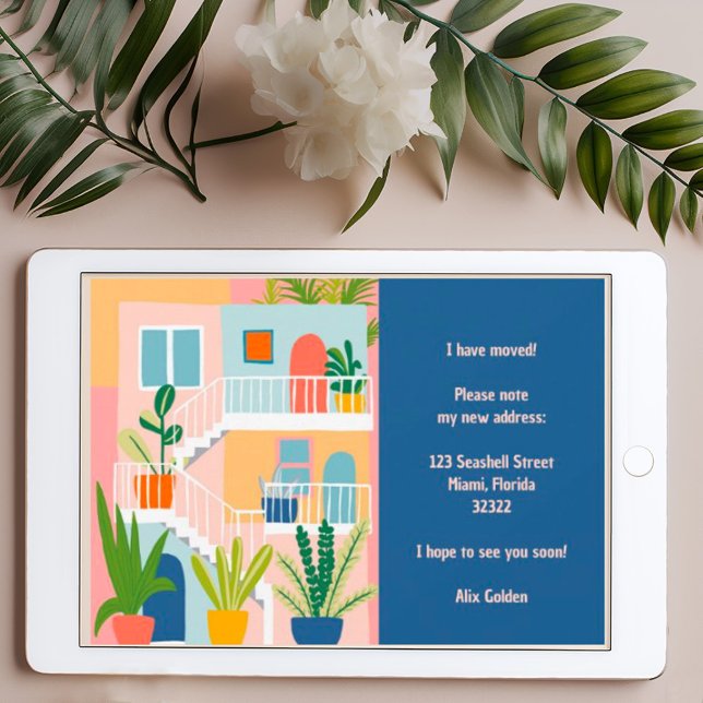 Umzug Ankündigung neue Adresse farbenfrohe Wohnung (Moving announcement digital download - tropical colorful apartment address change card)
