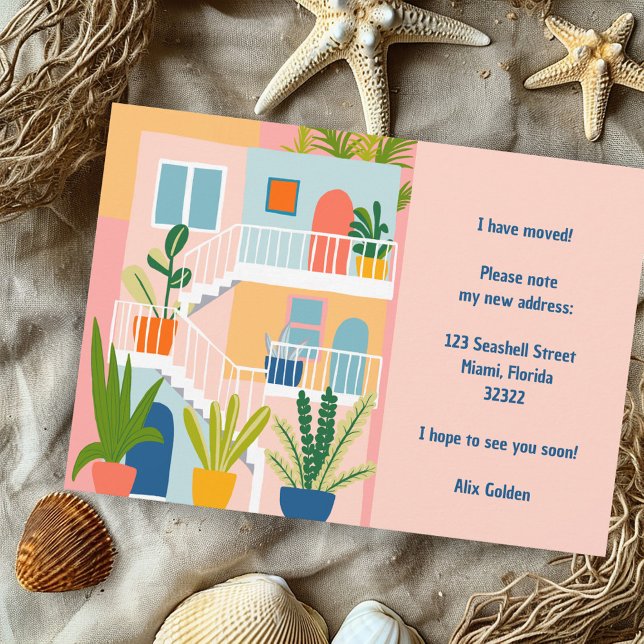 Umzug Ankündigung neue Adresse farbenfrohe Wohnung (Moving Announcement Address Colorful Apartment Note Card Pink Orange Blue Houseplants Cute)