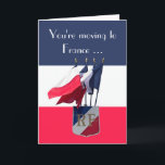 Umzug nach Frankreich Viel Glück Card Karte<br><div class="desc">Vier französische Flaggen, die auf einem blauen, weißen und roten Hintergrund im Wind wehen, mit den Worten "Sie bewegen sich nach Frankreich ... " im Text steht: ".. Au revoir et Bonne Chance!" Die perfekte Karte, um Freunde auf ihrem Weg zu schicken, sich zu bewegen oder in den Ruhestand zu...</div>