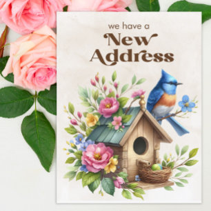 Umzug Vogelhaus Blaue Vogel Blumen Ankündigungspostkarte