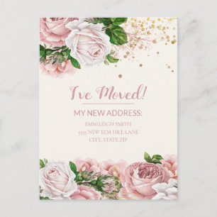 Umzugsankündigung Rosa Vintage Blumen Glitter Postkarte