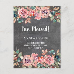 Umzugsmeldung Vintage Kreidetafel Rosa Blumenmuste Postkarte
