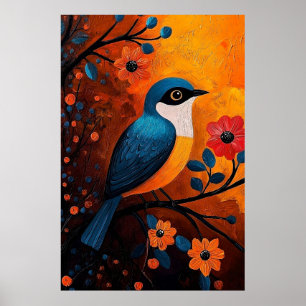 Un Solo Pájaro - Lebhafter Vogel und Blumenstrauß Poster