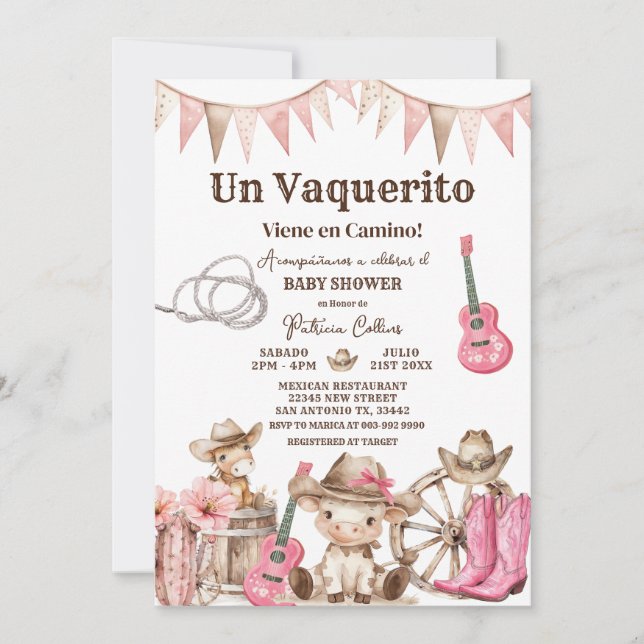 Un Vaquerito Viene en Camino Girl Baby Shower Einladung (Vorderseite)