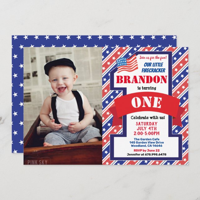 Unabhängigkeitstag 1. Geburtstag Junge Foto Einladung (Vorne/Hinten)