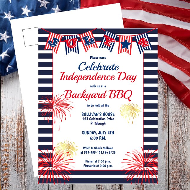 Unabhängigkeitstag 4. Juli Jäger GRILLEN im Hinter Postkarte (Independence Day July 4th Bunting Backyard BBQ Postcard Invitation)