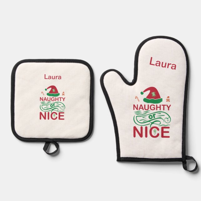Unartige oder nette Weihnachtsfrösche mit Santa-De Ofenhandschuh & Topflappen-Set (Vorderseite)