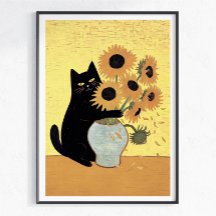 Unartige schwarze Katze Sonnenblume Malstil