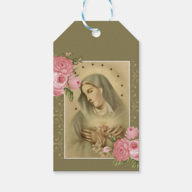 Unbeflecktes Herz von Mary Pink Roses Floral Geschenkanhänger (Vorderseite)