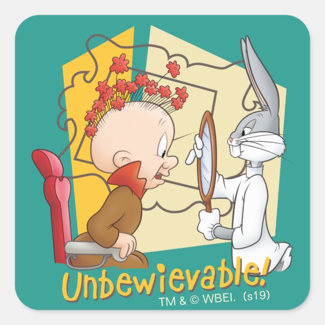 "Unbewievable" Barber BUGS BUNNY™ & Elmer Fudd Quadratischer Aufkleber (Vorderseite)