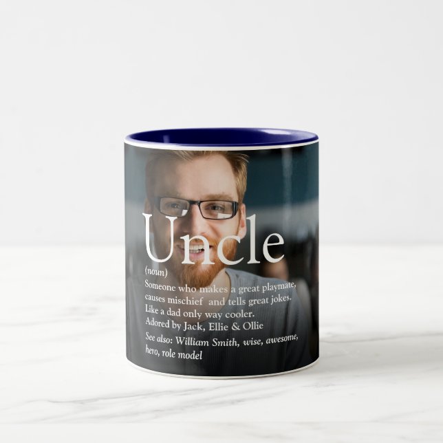 Uncle Cool Fun Modernes Typografisches Foto Zweifarbige Tasse (Mittel)