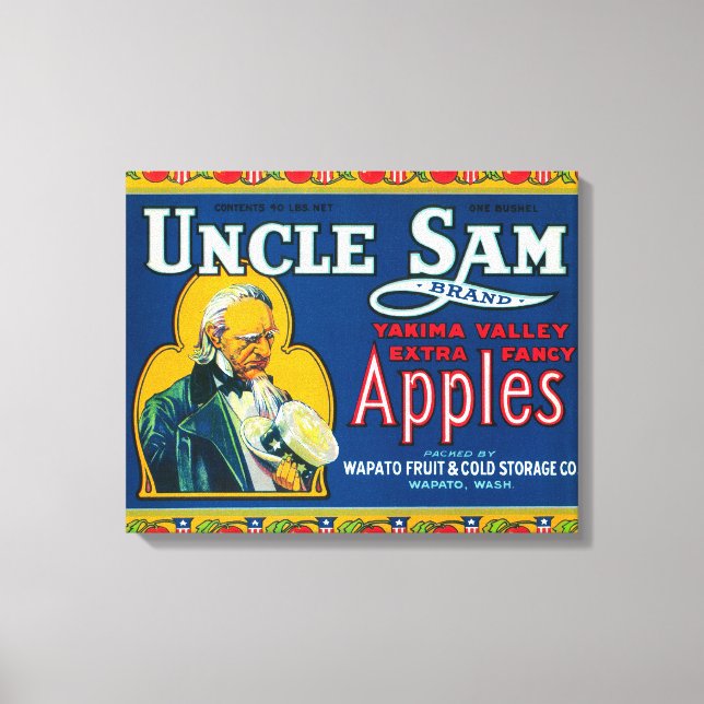 Uncle Sam Apple Label (blau) - Wapato, WA Leinwanddruck (Vorderseite)