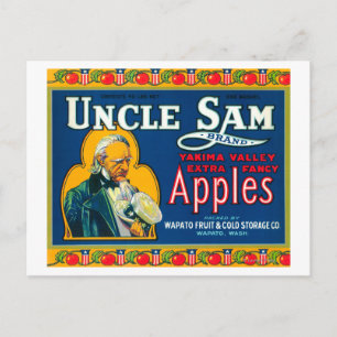 Uncle Sam Apple Label (blau) - Wapato, WA Postkarte