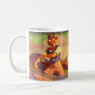 Uncle Sam aus den 40er Jahren rollt sich den Ärmel Kaffeetasse