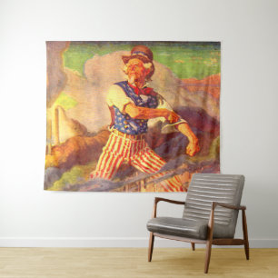 Uncle Sam aus den 40er Jahren rollt sich den Ärmel Wandteppich