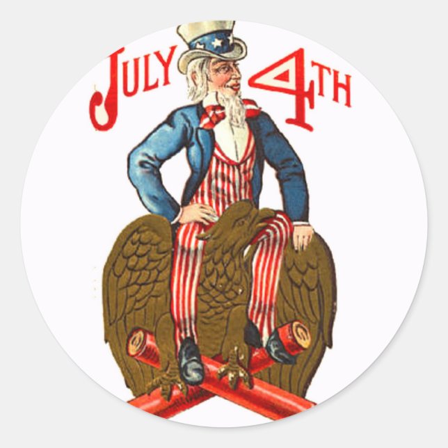 Uncle Sam Firecrackers 4. Juli Patriotic Vintag Runder Aufkleber (Vorderseite)