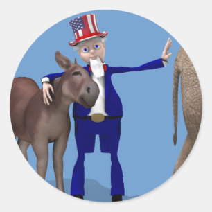 Uncle Sam Hugs Happy Donkey Runder Aufkleber