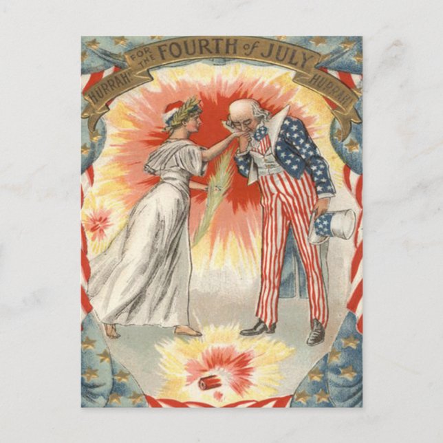 Uncle Sam Lady Liberty US Flag Feuerwerk Postkarte (Vorderseite)
