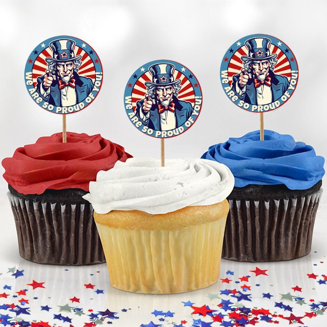 Uncle Sam Military geht weg Party Cupcake Picks Runder Aufkleber (Cute vintage uncle sam cartoon patriotic military proud YOU going away farewell party cupcake picks)
