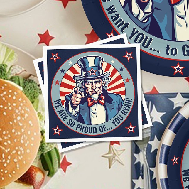 Uncle Sam Military geht weg Party Paper Napkin Serviette (Uncle Sam Patriotic 4th US Flag red white and blue military going away party napkins table decor)