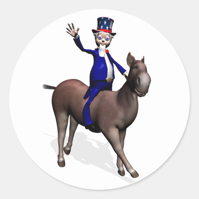 Uncle Sam Riding on Donkey Runder Aufkleber (Vorderseite)